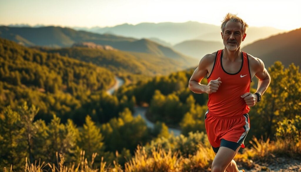 A scenic outdoor landscape on a sunny day, capturing the essence of long-distance running. In the foreground, a lone runner in vibrant running gear strides powerfully, sweat glistening on their determined face. The middle ground reveals a winding path through a lush, verdant forest, dappled with sunlight. In the distance, rolling hills and mountains rise up, creating a sense of tranquil grandeur. The lighting is warm and golden, casting a soft, inspirational glow. The camera angle is slightly elevated, giving a sense of the runner's perseverance and the vastness of the natural surroundings. The overall mood is one of solitude, focus, and the exhilaration of endurance.